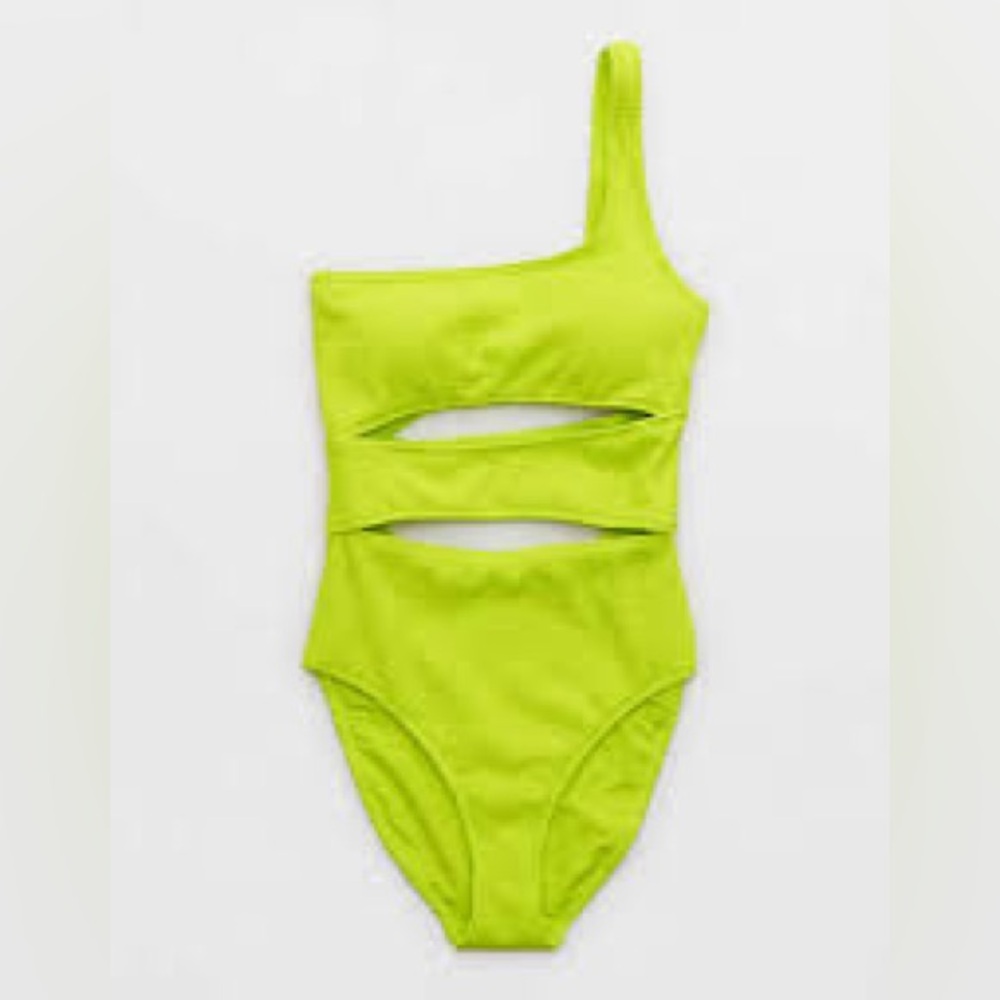 NWOT Aerie Womens XS Yellow/Lime Crinkle Cut Out One Shoulder One Piece Swimsuit - Picture 3 of 6